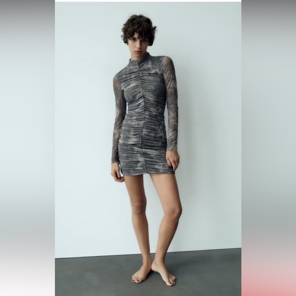 Zara tie dye tulle dress is a long-sleeve mini dress featuring ruching